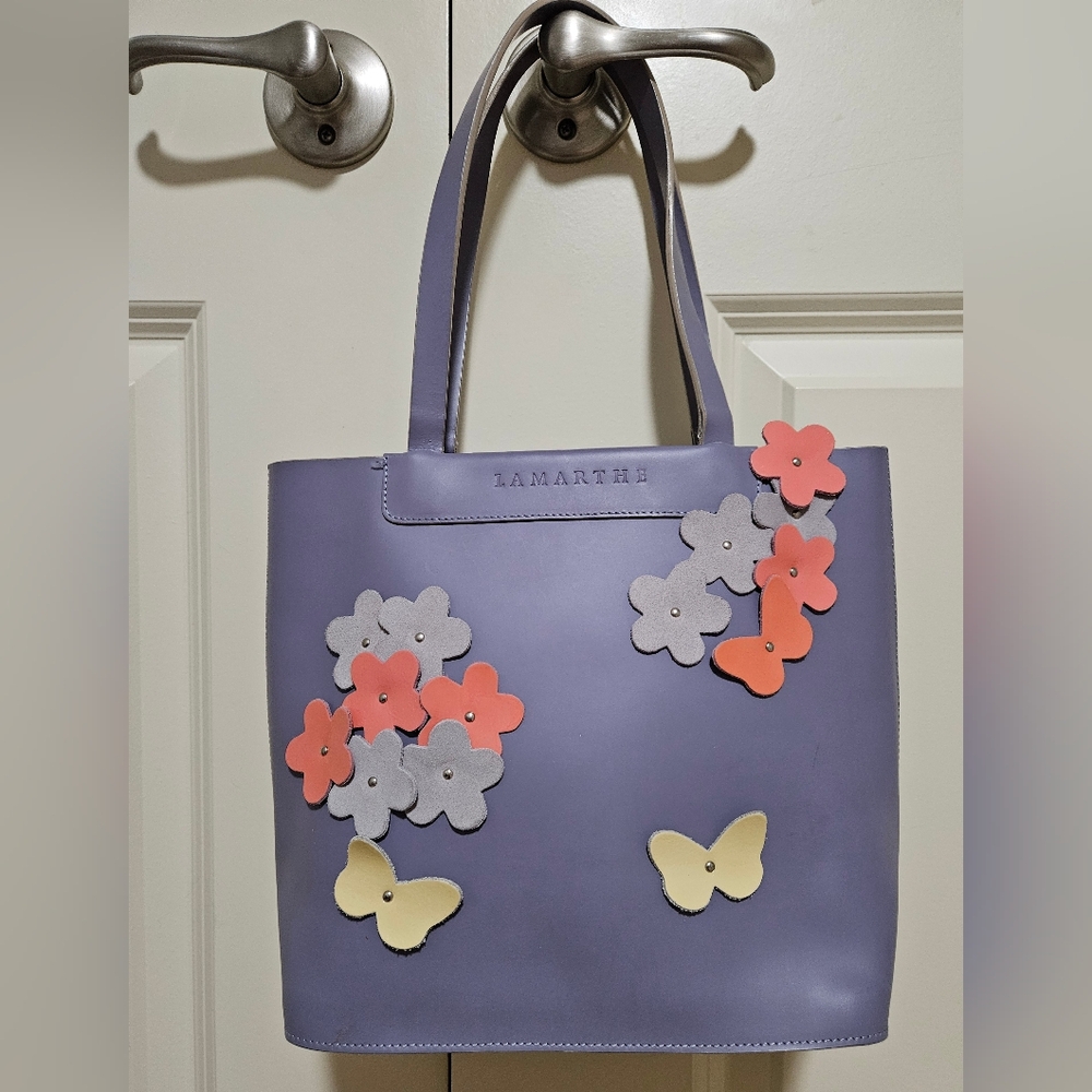 Lamarthe Paris Leather Lavender Tote Bag with Floral Accents